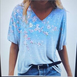 Floral Blue V-Neck Women's Top